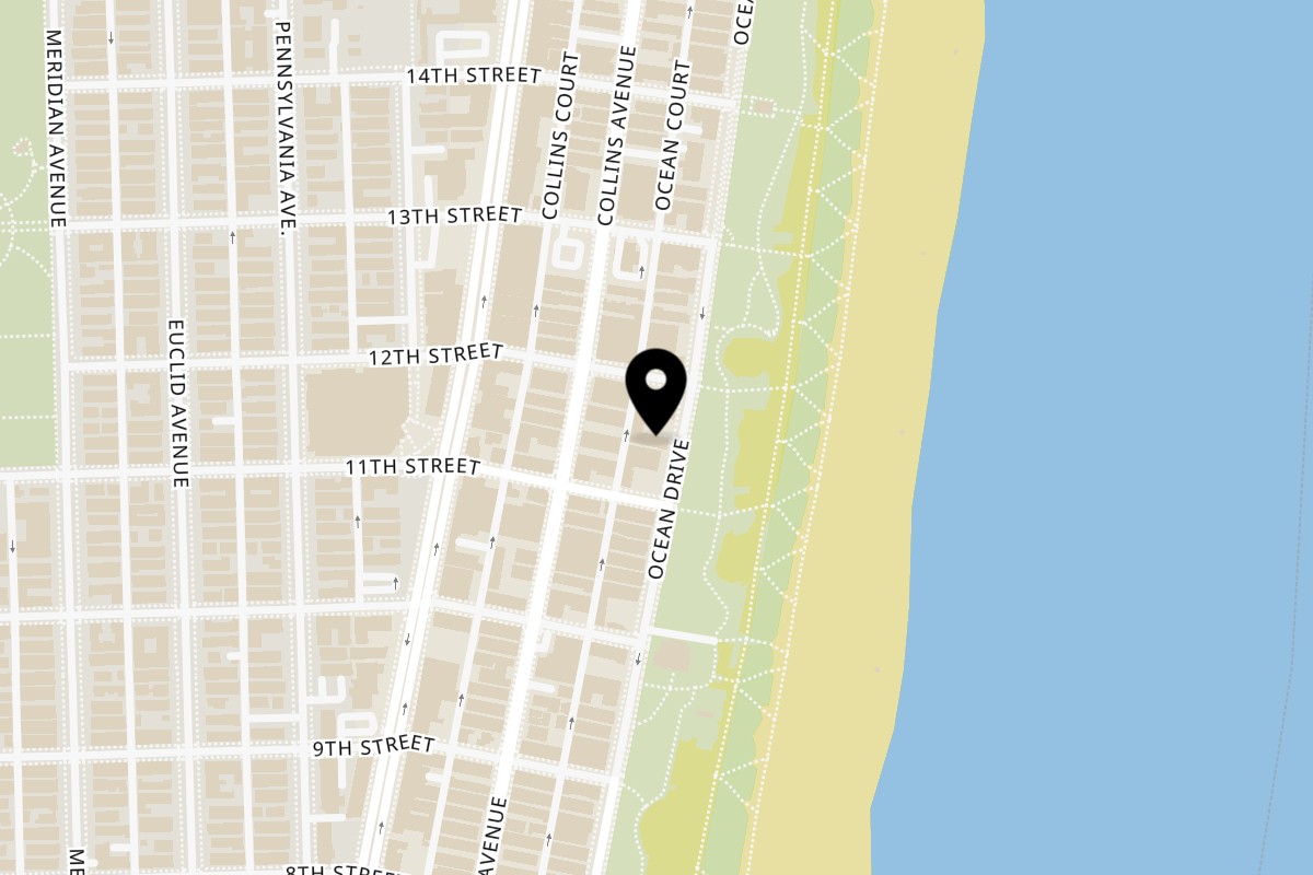 Map showing the location of REDHEAD BURGER Ocean Dr on Ocean Drive Miami Beach - 1134 Ocean Dr in Miami Beach